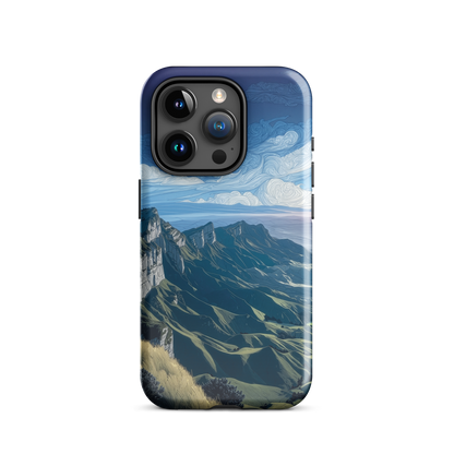 Te Mata Peak designer phone case with Hawke’s Bay cliffs, rolling green hills and dramatic swirling sky