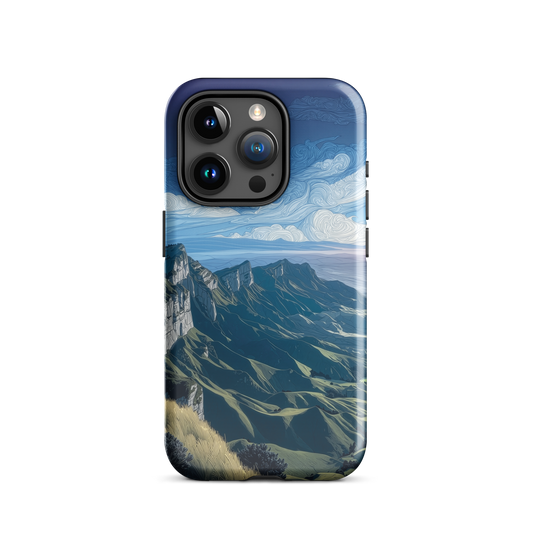 Te Mata Peak designer phone case with Hawke’s Bay cliffs, rolling green hills and dramatic swirling sky