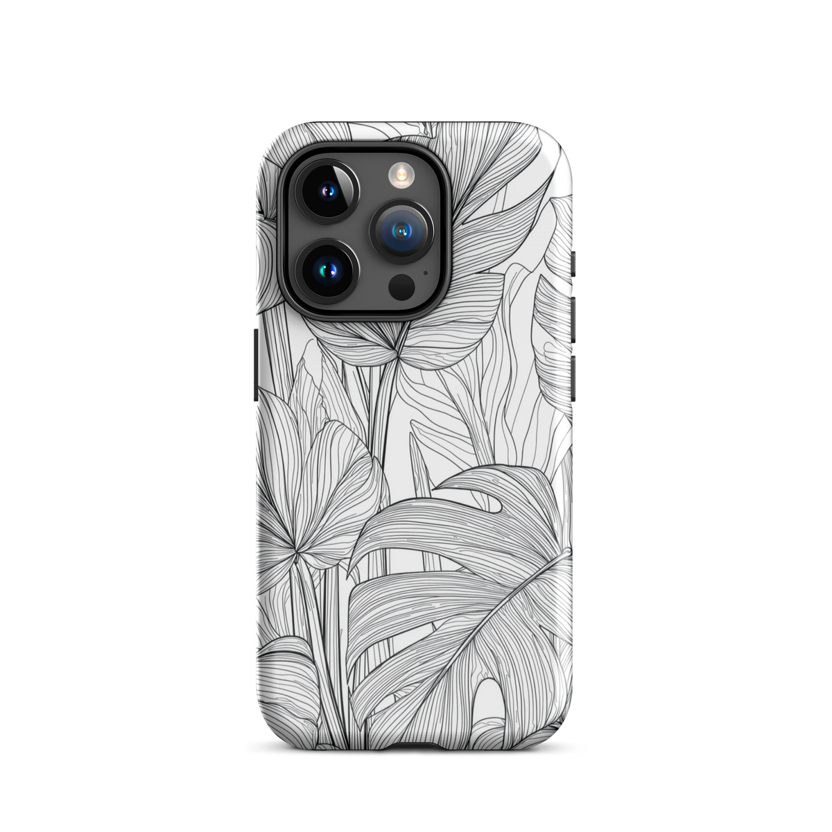 Minimal black and white tropical leaf designer phone case with detailed botanical line art