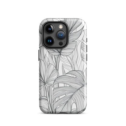 Minimal black and white tropical leaf designer phone case with detailed botanical line art