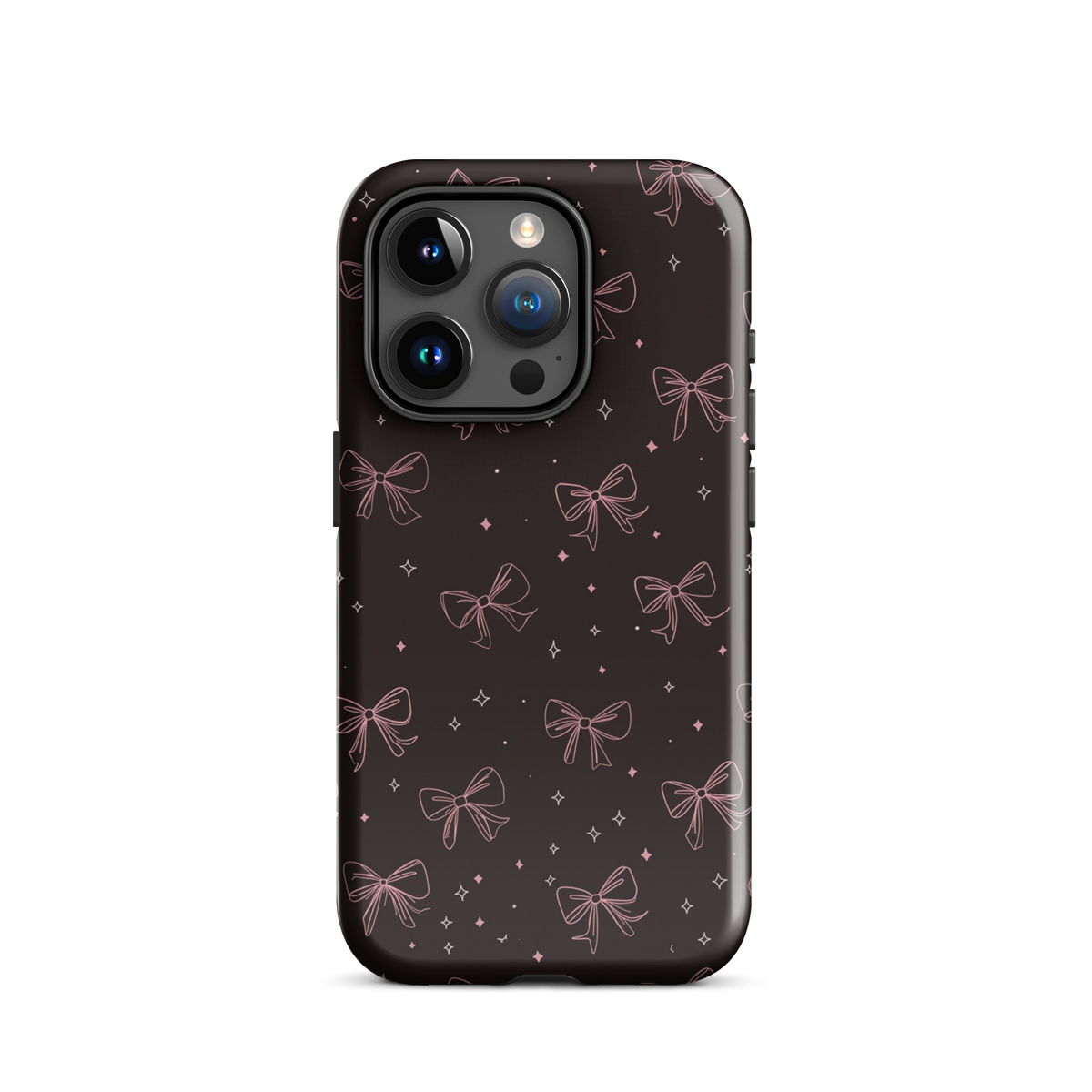 Midnight Bow seamless repeat pattern — pink hand-drawn ribbon bows and sparkle stars on a black background
