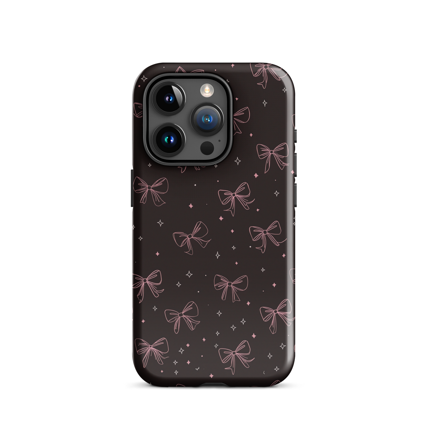 Midnight Bow seamless repeat pattern — pink hand-drawn ribbon bows and sparkle stars on a black background
