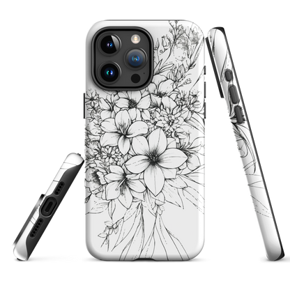 Black and white floral phone case with hand-drawn lilies and wildflowers