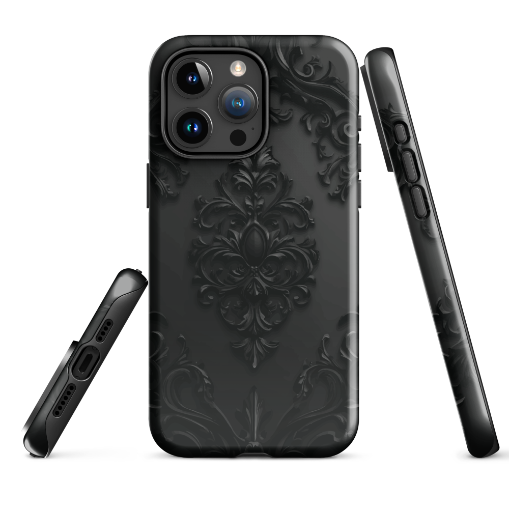 Black embossed damask phone case with gothic baroque pattern.