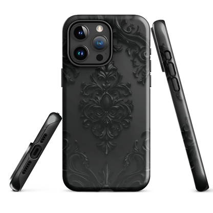 Black embossed damask phone case with gothic baroque pattern.