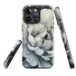 Black and white floral phone case featuring a soft, moody peony design by New Zealand artist Ben Hart.