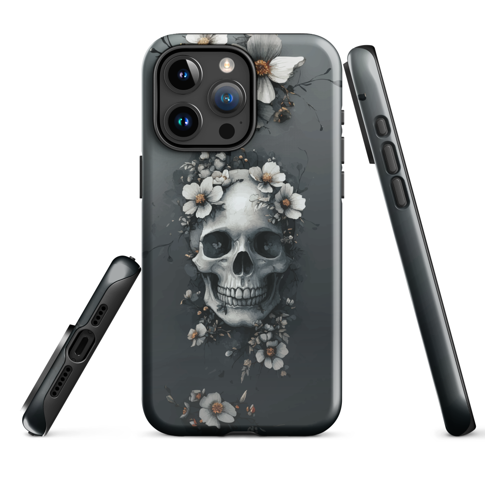 Gothic phone case with a floral skull design in grey tones, featuring white blossoms and dark detailing.