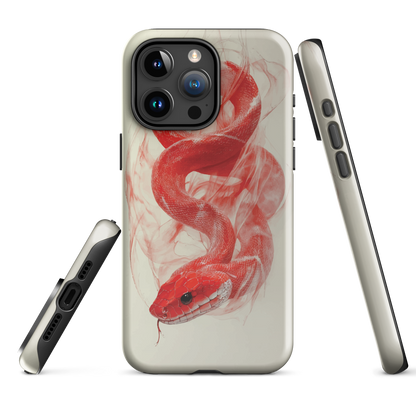 Phone case with red snake design on a cream background, coiled in smoky detail. Bold artwork by NZ designer Ben Hart.