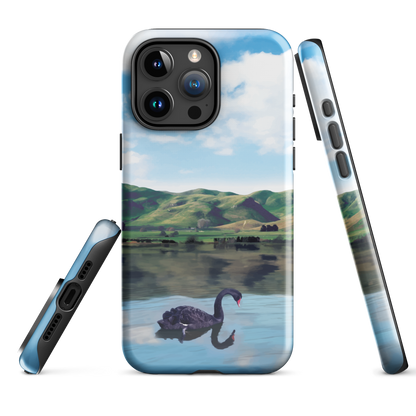 Phone case with a black swan on a calm lake, New Zealand hills in the background. Art by NZ designer Ben Hart.