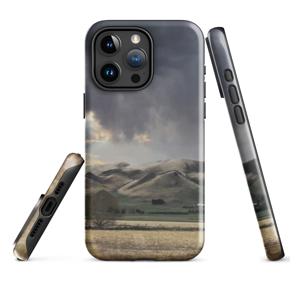 Designer phone case with NZ landscape painting of Te Hauke and cloudy skies by Ben Hart.