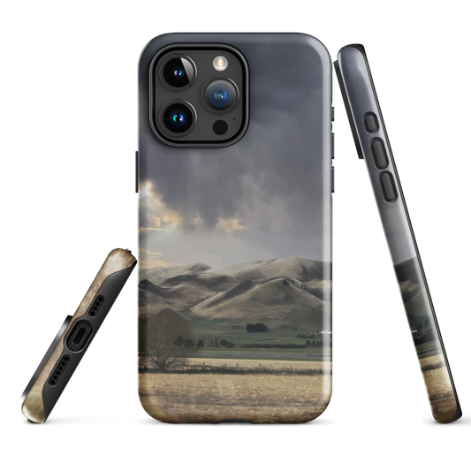 Designer phone case with NZ landscape painting of Te Hauke and cloudy skies by Ben Hart.