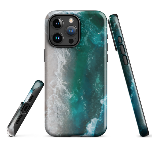 Ocean wave phone case with abstract beach design in teal and white, by NZ artist Ben Hart.