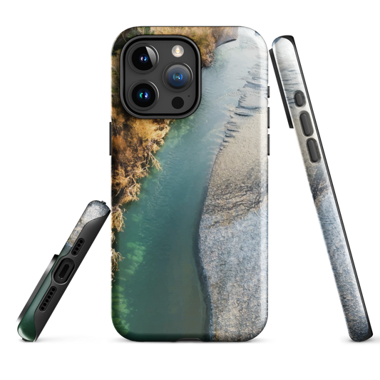 Phone case with aerial riverbend artwork and earthy tones, designed by New Zealand artist Ben Hart.