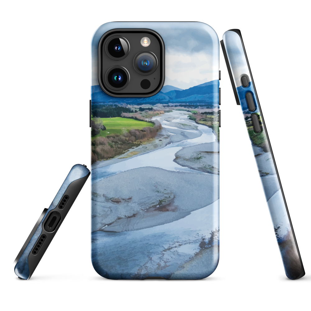 Waiohine phone case featuring artwork of New Zealand’s braided riverbed landscape in the Wairarapa.