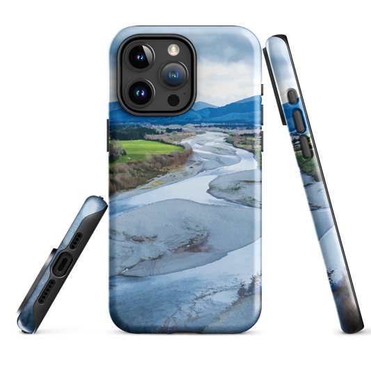 Waiohine phone case featuring artwork of New Zealand’s braided riverbed landscape in the Wairarapa.