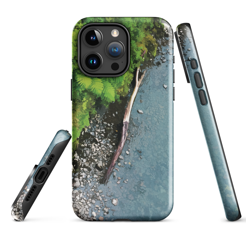 Resting Place phone case with aerial artwork of river rocks, green bush, and driftwood in a New Zealand stream.