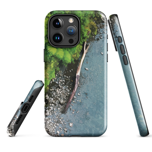 Resting Place phone case with aerial artwork of river rocks, green bush, and driftwood in a New Zealand stream.