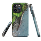 Resting Place phone case with aerial artwork of river rocks, green bush, and driftwood in a New Zealand stream.