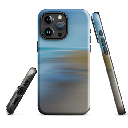 Ocean Breeze phone case with abstract blue and sandy tones inspired by sea and sky.