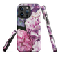 Designer phone case with pink and purple hydrangea floral artwork.