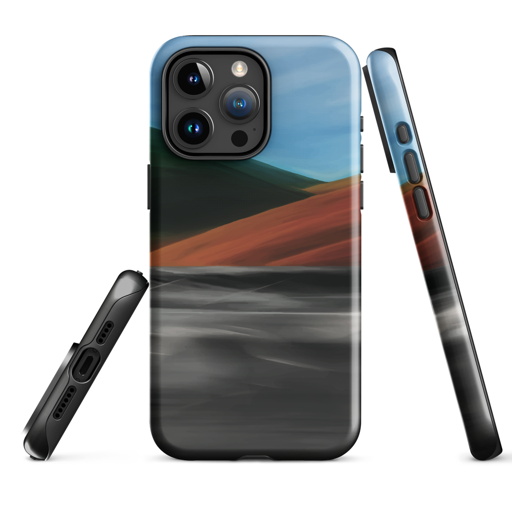 Phone case with abstract red, green, and blue heat wave landscape design.