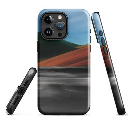Phone case with abstract red, green, and blue heat wave landscape design.