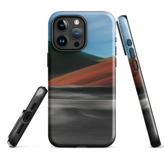 Phone case with abstract red, green, and blue heat wave landscape design.