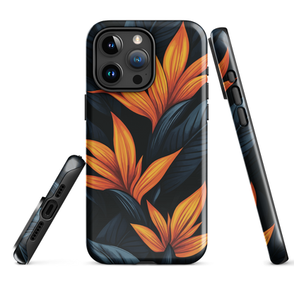 Phone case with bold orange bird of paradise flowers on dark background.