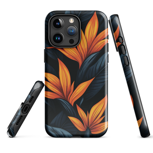 Phone case with bold orange bird of paradise flowers on dark background.