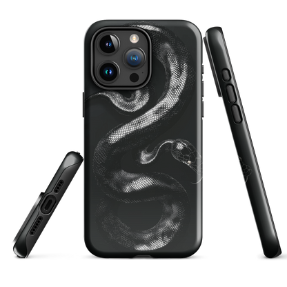 Phone case with detailed black python design on dark background.