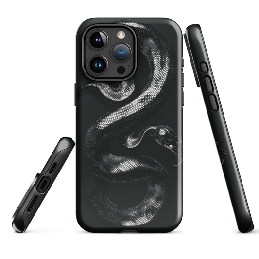 Phone case with detailed black python design on dark background.