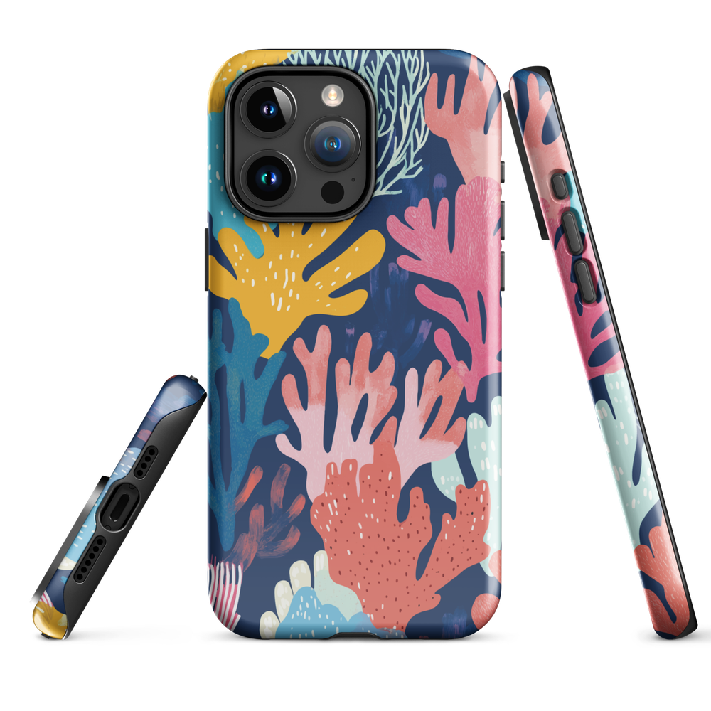 Colourful coral reef phone case design in pink, blue and yellow by NZ artist Ben Hart