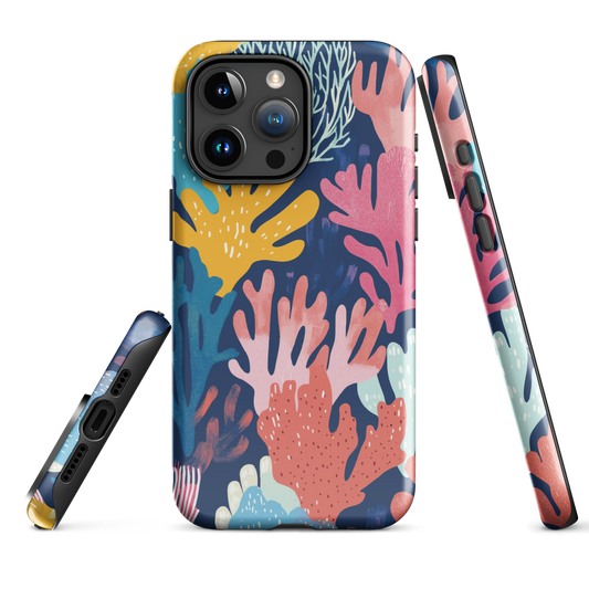 Colourful coral reef phone case design in pink, blue and yellow by NZ artist Ben Hart