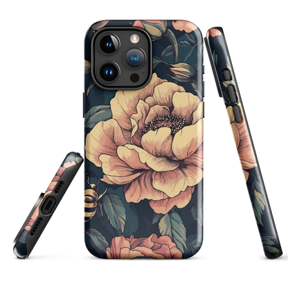 Phone case with vintage-style pink roses and bees on dark background, floral New Zealand artwork.