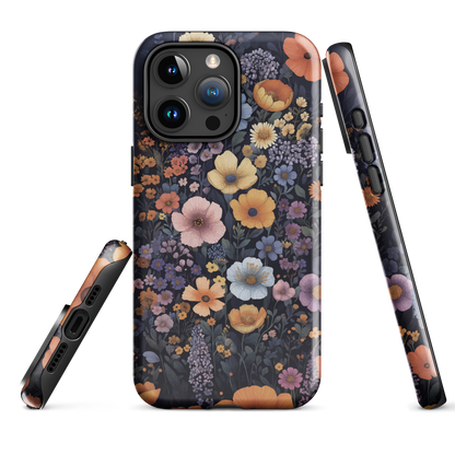 Phone case with colourful wildflowers on dark background, floral art design