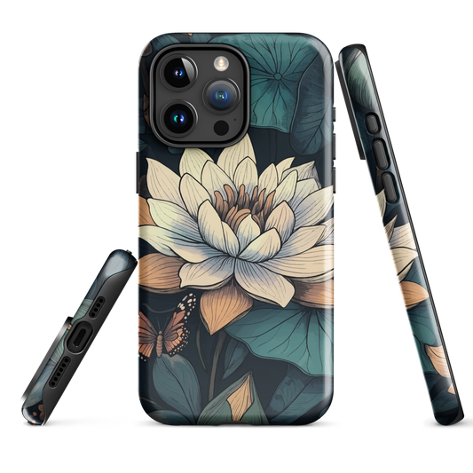 Phone case with ivory water lily, green leaves, and butterfly accents on dark background