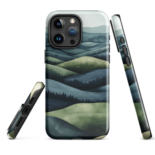 Phone case with layered mountain and forest landscape in blue and green hues