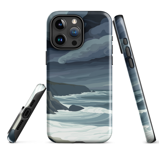 Phone case featuring moody Cape Kidnappers coastline with crashing waves and dark skies