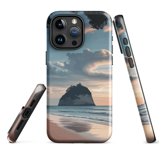 Phone case with Cathedral Cove beach and sunset scene, featuring soft skies and sea stack