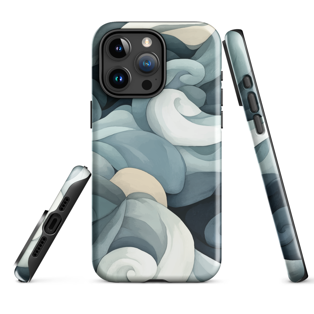 Phone case with abstract swirling ocean waves in blue and cream