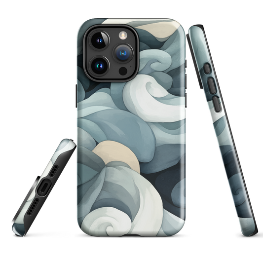 Phone case with abstract swirling ocean waves in blue and cream
