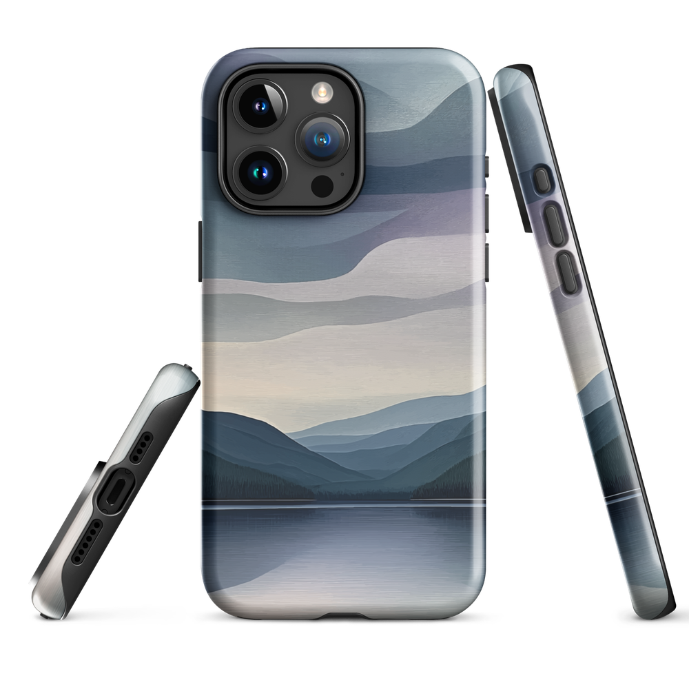 Phone case with moody blue and purple layered mountain and lake landscape artwork