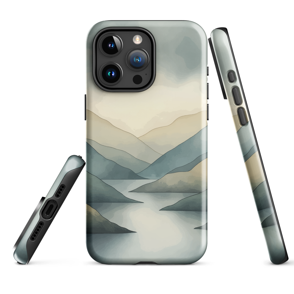 Phone case with soft mountain and valley design in misty green, blue, and golden tones