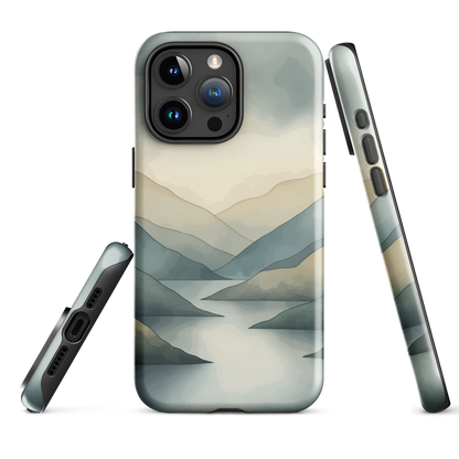 Phone case with soft mountain and valley design in misty green, blue, and golden tones