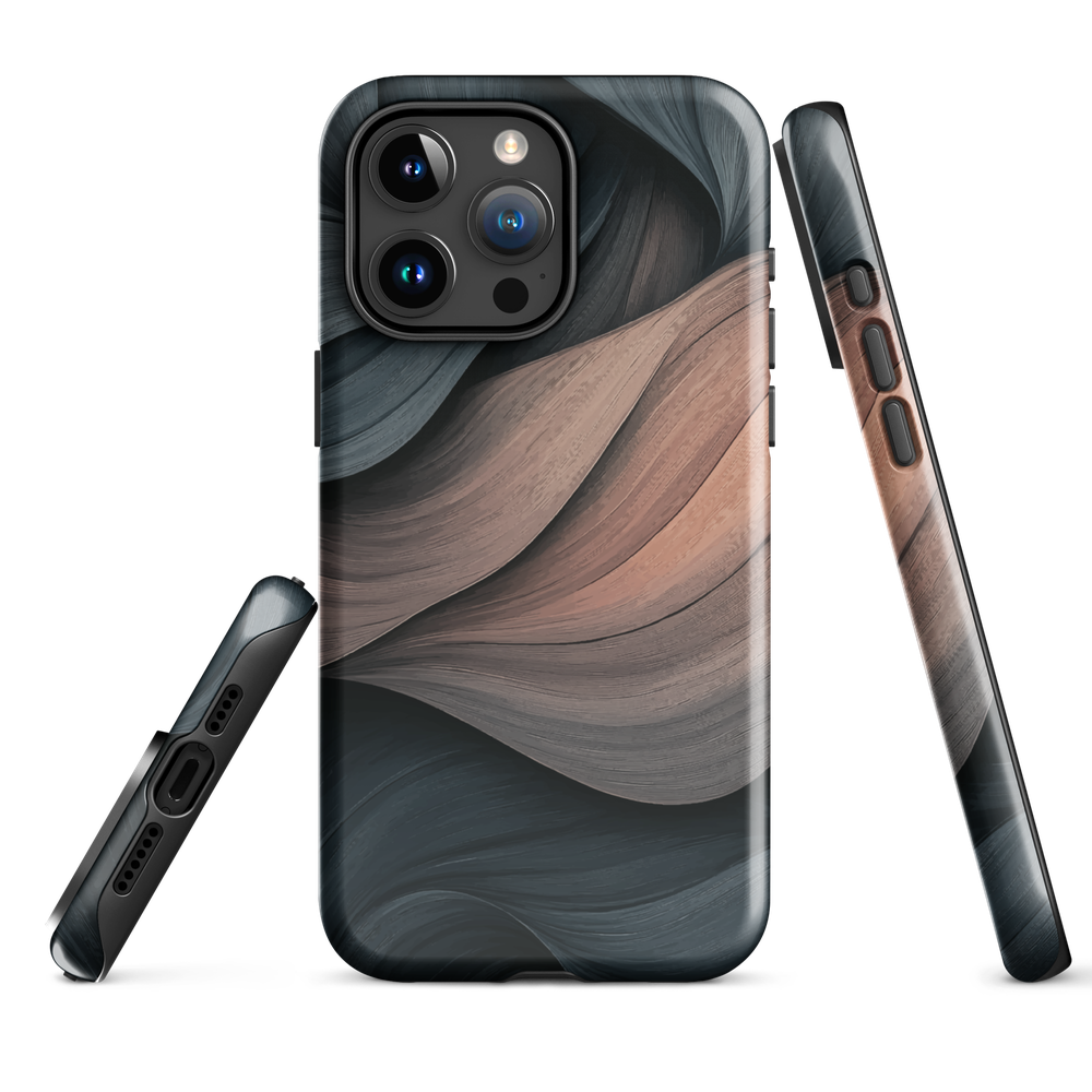 Phone case with flowing abstract design in black, copper and charcoal tones, inspired by dusk shadows
