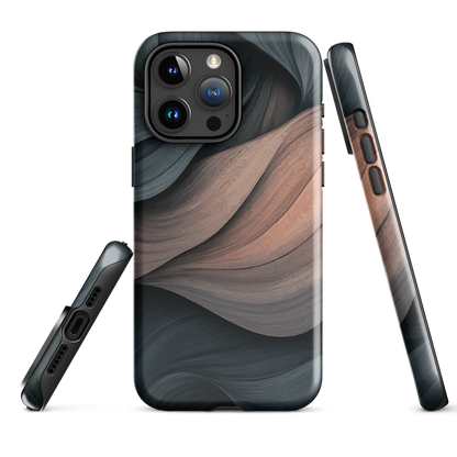 Phone case with flowing abstract design in black, copper and charcoal tones, inspired by dusk shadows