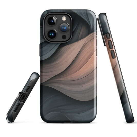 Phone case with flowing abstract design in black, copper and charcoal tones, inspired by dusk shadows