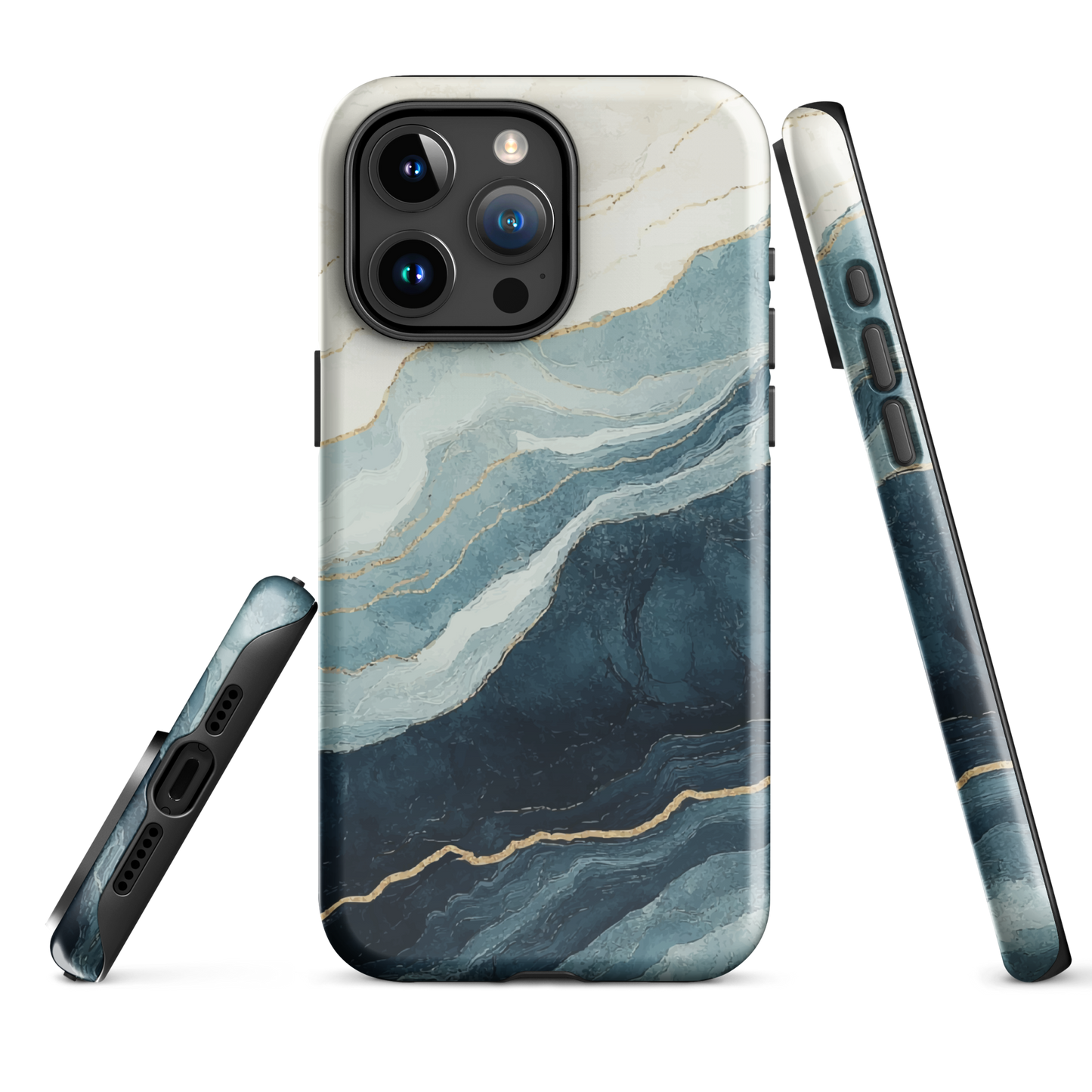 An elegant abstract phone case inspired by layered coastal forms in blue and teal tones.
