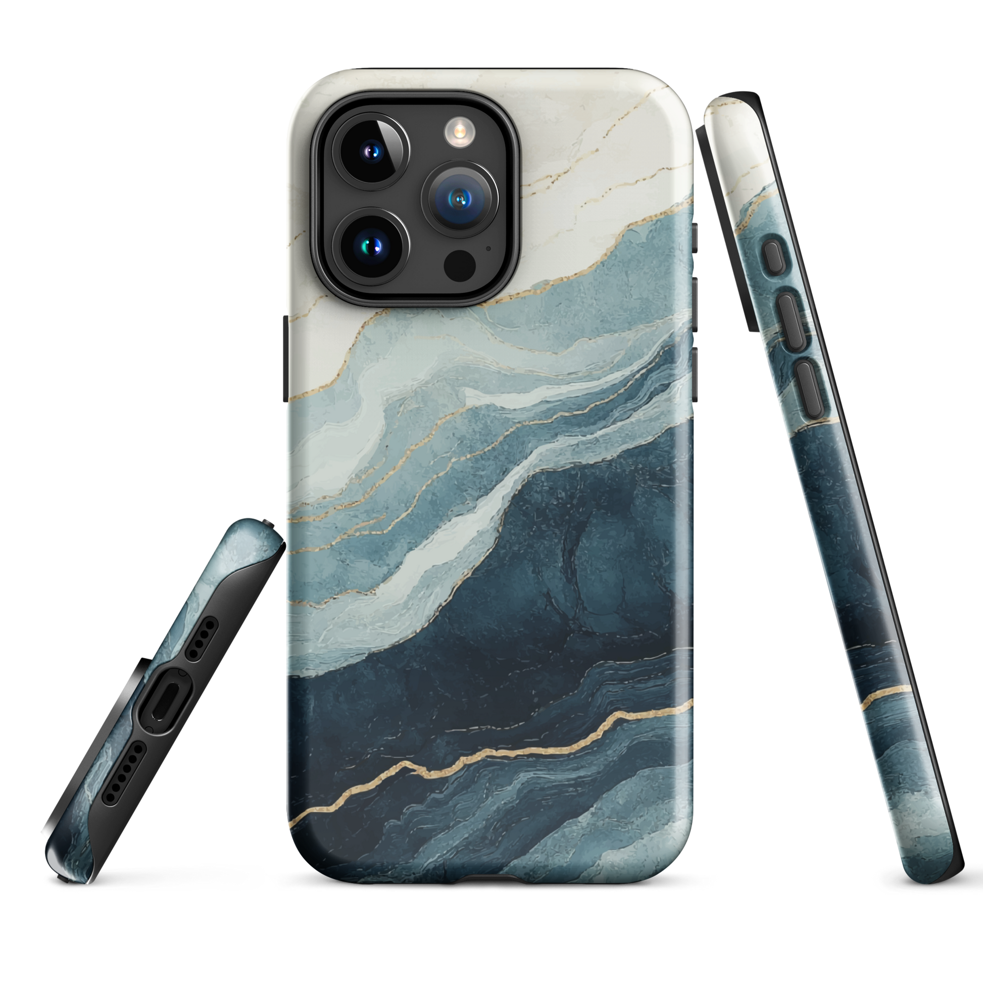 An elegant abstract phone case inspired by layered coastal forms in blue and teal tones.