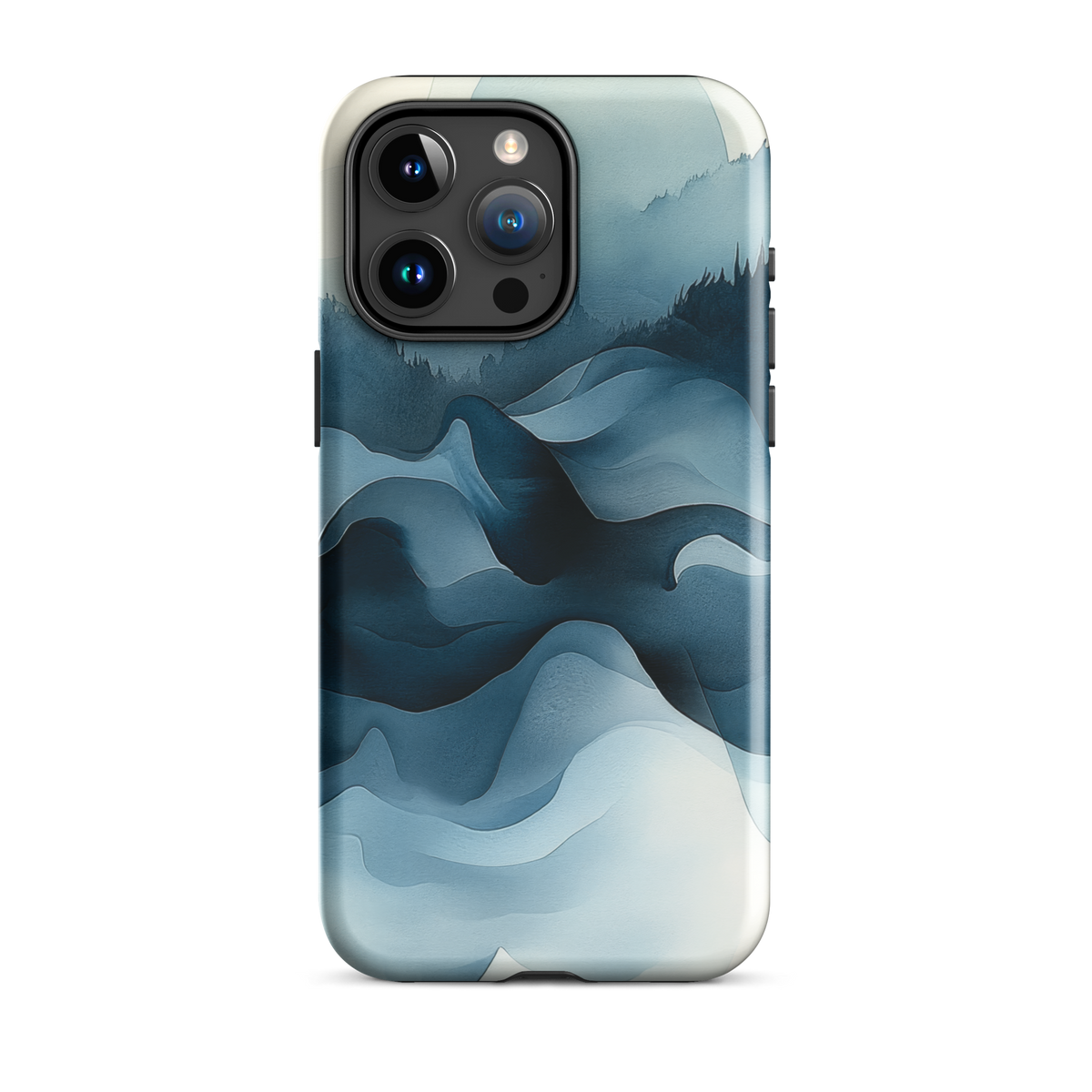 A calming abstract landscape protective phone case inspired by quiet valleys and soft blue tones.
